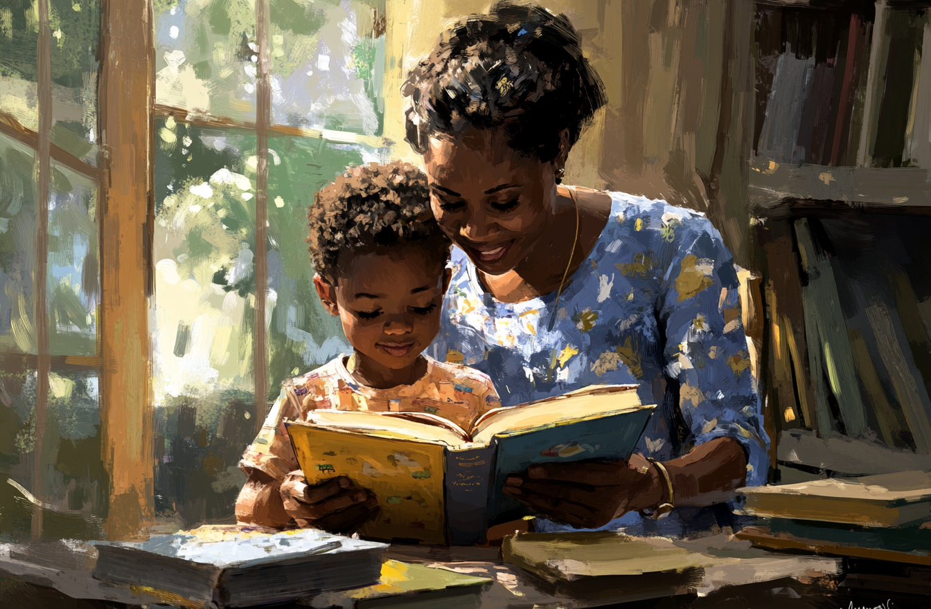 A mother and her child reading a book together in an expressionist style.